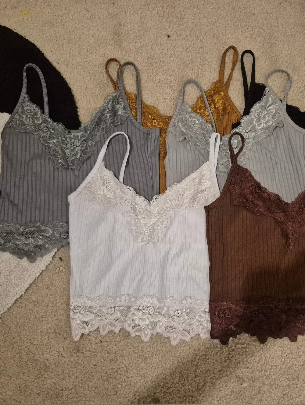 Lace Trim Ribbed Cami Tank Top - White, Gray, Brown, Mustard, Black
